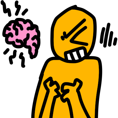 A brain with squiggly marks around it. To the right is a yellow person with hands near their heart. They are squinting and have an uncomfortable expression. They have three lines to the right of them.